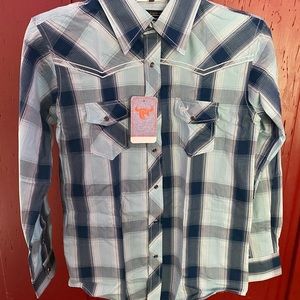 Cowboy Hardware Boys' Blue Plaid Embroidered Long Sleeve Western Shirt